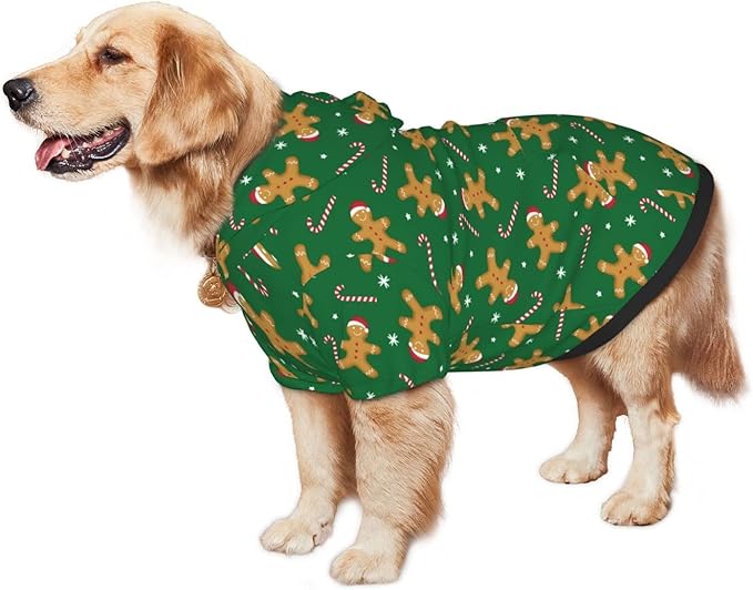 Green Christmas Gingerbread Men Candies Hoodie,Christmas Cosplay Dog Clothes with Pocket and Hat Winter Clothes Sweaters XXX-Large