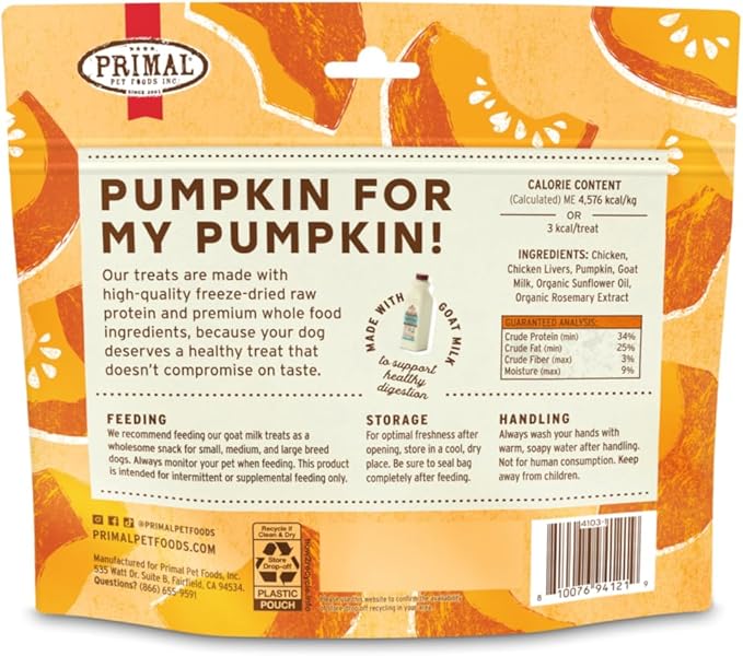 Primal Freeze Dried Dog Treats, Chicken with Pumpkin & Goat Milk, Grain Free Training Treats for Dogs, 2 oz