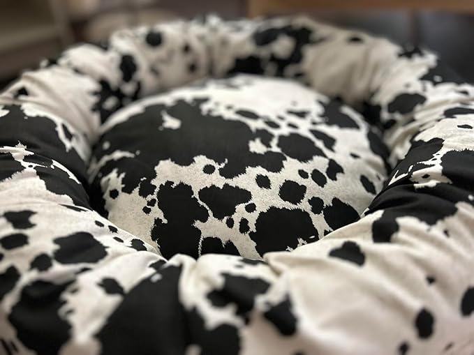 Organic Cotton Canvas Dog Bed: Removable Cover, Natural Fill - Made in USA (Cow Print Black White, Large 35" x 8" inches)