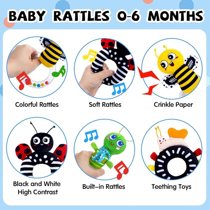 Baby Rattle Toys, Infant Soft Stuffed Animal Rattles Set - Sensory Development Toys, Baby Toys Stuffed Animals Soft Crinkle Sensory Handbells Baby Rattles, Soft Busy Toys for Toddlers Boys Girls