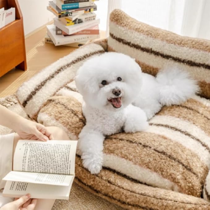 Lazy Holiday Plush Cozy Dog & Cat Sofa Bed, Teddy Velvet Dog Bed, Trendy Striped Faux Lambswool Double Layer Dog & Cat Sofa Bed Dogs Sleeping Mat for Medium Small Dogs & Cats (A-1,M)
