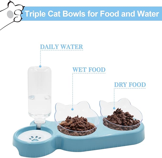 Triple Cat Bowls with Water Dispenser, Pet Whisker Friendly Water and Food Bowl Set with Non-Slip Mat, 15° Tilted Double Feeding Bowls, Elevated Wet and Dry Food Dish for Kitten&Small Dog (Blue)