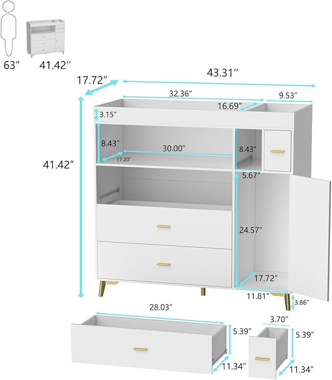 PAKASEPT Changing Table with Drawers, Changing Table Dresser with 5 Drawer & Cabinet
