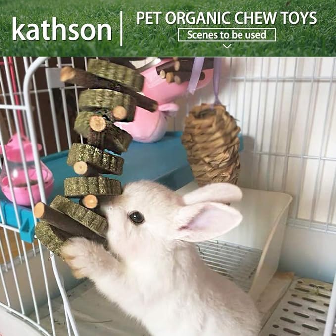 kathson 4PCS Bunny Chew Toys for Teeth Grinding, Chinchilla Treats Organic Bamboo Sticks Natural Fruitwood Branches for Rabbits Guinea Pigs Hamsters (Fruitwood Sticks+Alfalfa Cakes)