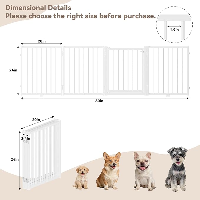 Full Metal Freestanding Dog Gate with Door, 24'' Height Foldable Pet Dog Fence for Indoor & Outdoor, 4 Panels Extra Wide Free Standing SmallDog Gates for Doorways,House,Stairs,Porch,Deck,Yard