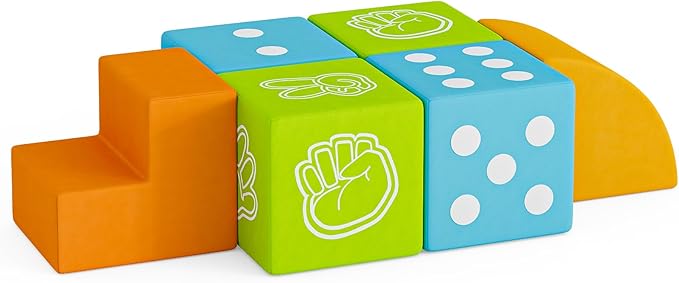 UMOMO 6 PCS Foam Climbing Blocks for Toddlers, Dice & Rock-Paper-Scissors Game Modes, Colorful Modular Play Set for Kids - Safe Indoor Activity Toy for Preschool Playroom (Green-Blue)