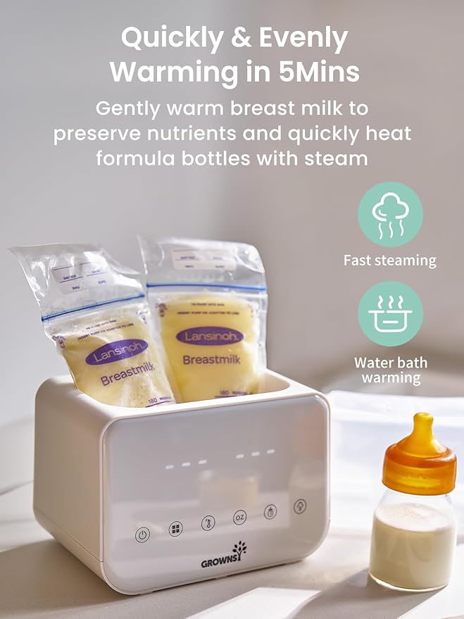 Baby Bottle Warmer, Grownsy 10-in-1 Fast Bottle Warmer Accurate Temp Control, with LCD Display, Timer, Defrost, Sterili-zing, Keep 24H, Double Bottle Warmer for Breastmilk& Formula, Heat Baby Food