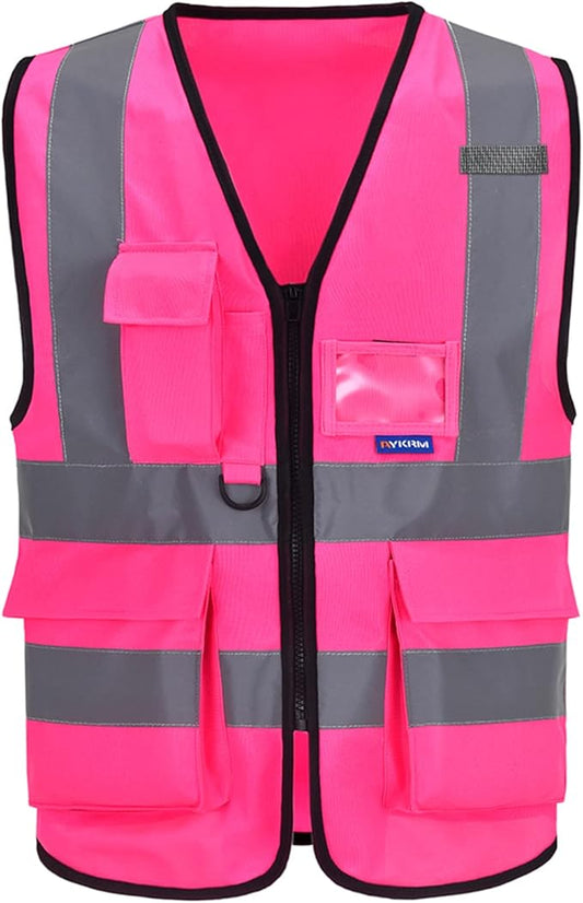 A-SAFETY Pink Safety Vest with Pockets Hi Viz Zipper Front Working Safety Vest with Reflective Strips, Multiple Colors Available,Large
