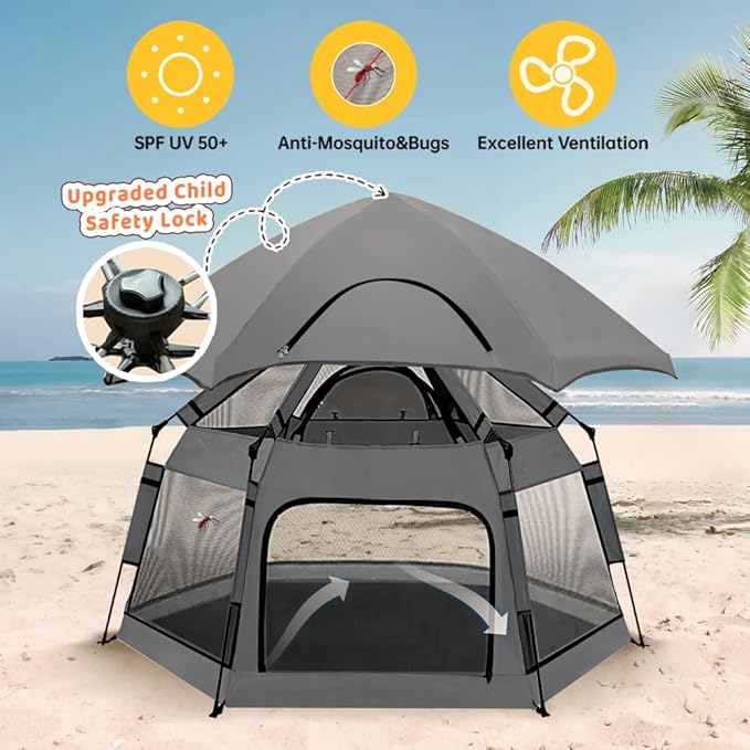 Pop Up Playpen for Babies with Canopy & Safety Lock - Outdoor Baby Playpen with 6 Ground Stakes & 6 Sand Stakes, UV Protection & Carry Bag, Instant Beach Tent for Indoor/Outdoor Use（Grey）
