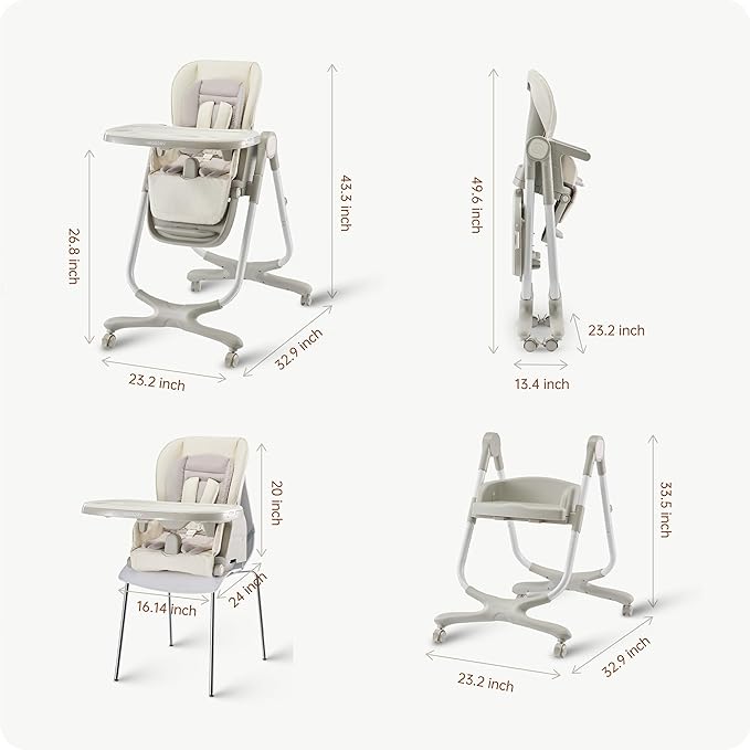 6 in 1 Convertible High Chairs for Babies and Toddlers,Portable High Chair with Dishwasher Tray and 4 Wheel,Booster Seat for Dining Table,Foldable Toddle and Baby Feeding Highchair (White)