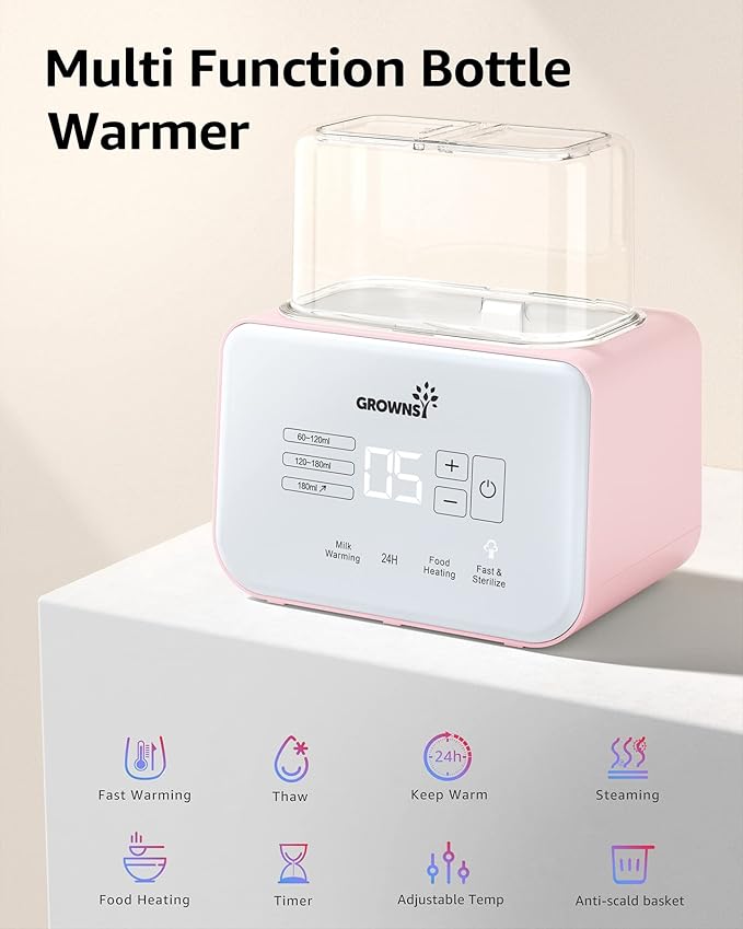 Baby Bottle Warmer, Gronwsy 8-in-1 Fast Milk Warmer with Timer Breastmilk or Formula, Fits 2 Bottles, Accurate Temperature Control, with Defrost, Sterili-zing, Keep, Heat Baby Food Jars Function
