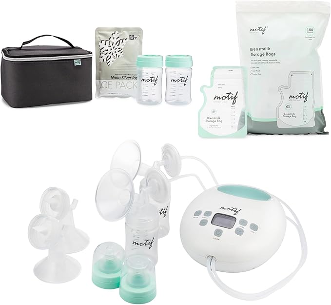 Motif Luna Double Electric Breast Pump Bundle with Luna Cooler Set and Milk Storage Bags, 6 oz - 100 Count - Milk Freezer Bag with Easy Pour Spout