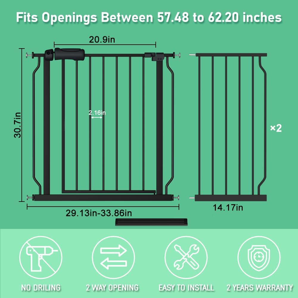 ALLAIBB Extra Wide Pressure Mounted Baby Gate Walk Through Child Kids Safety Toddler Tension White Long Large Pet Dog Gates with Extension for doorways Kitchen (57.48-62.20"/146-158cm, Black)