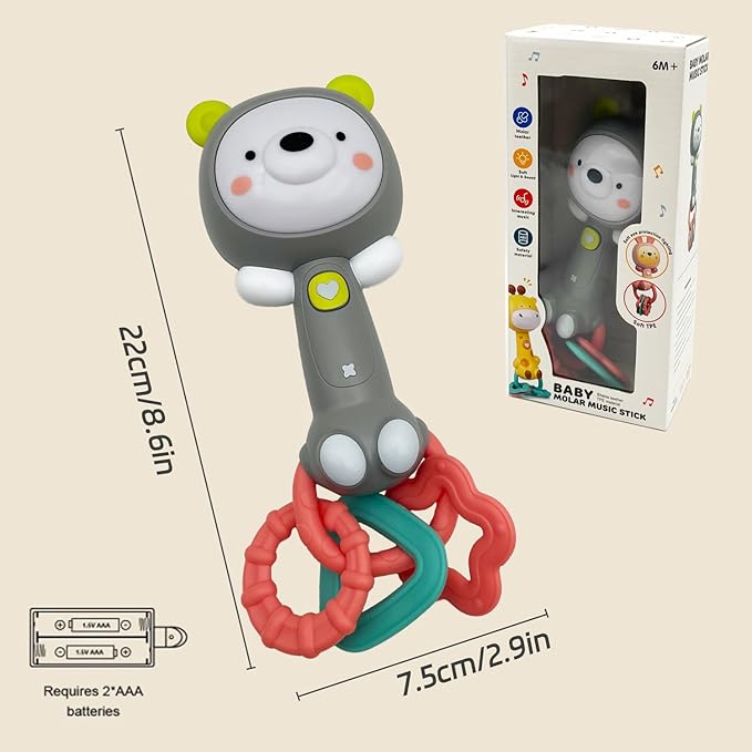 Baby Music Rattle, Teething Toys for Infants 6-12-18 Months Toddlers, Light-Up & Chew Sensory Toys for Baby Boy Girl Gifts (Grizzlies)