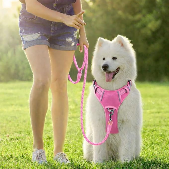 BARKBAY Dog Harness No Pull Oxford with ID Tag Pocket - Heavy Duty, Reflective, Easy Control for Large Dogs(Pink Oxford,XL)