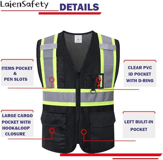 Reflective Safety Vest for Men Women with Multiple Pockets Mesh High Visibility Vest Hi Vis Construction Work Vest,Meets ANSI/ISEA Standards(EK1-178-Black-M)