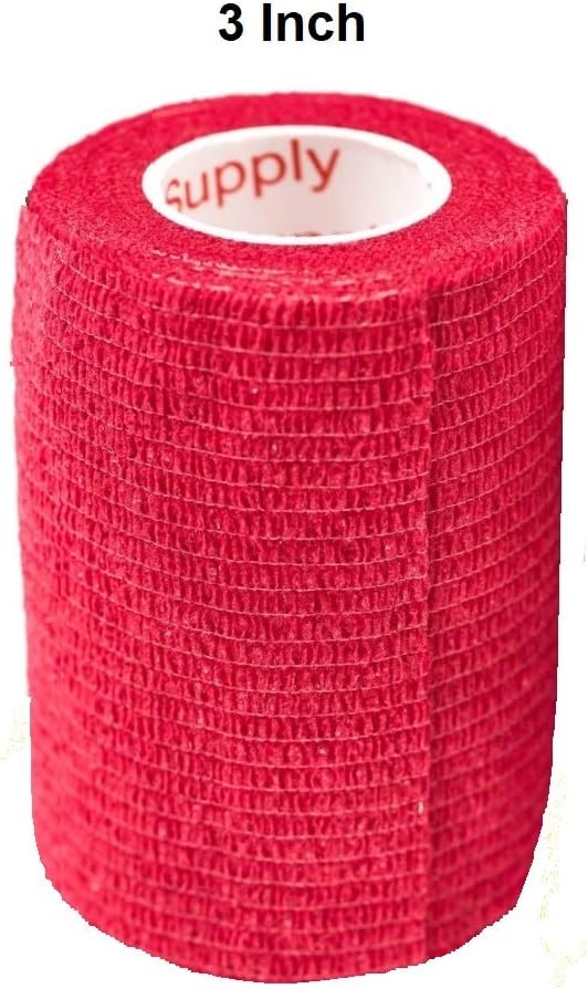Vet Wrap Tape (Red) (2 Pack) (3 Inch x 15 feet) Self Adhesive Adherent Adhering Cohesive Flex Self Stick Bandage Grip Roll Dog Cat Pet Horse