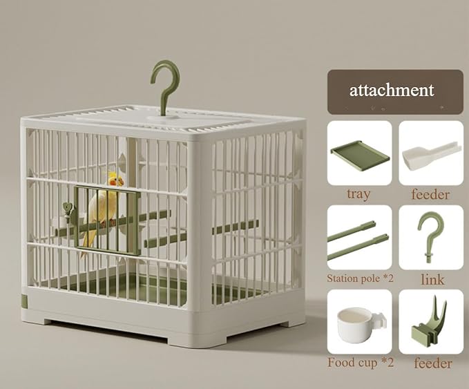 Travel Bird Cage Bird Travel Carrier Ornamental Birdcages Features Standing Pole Detachable Tray & Hook Handle for Parakeets (Green)