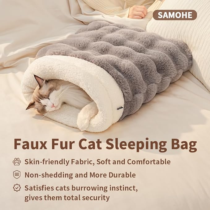 Self-Warming Cat Sleeping Bag, Enclosed Hooded Snuggle Sack with Dual-Side Plush Cat Cave Bed, Portable Foldable Pet Sleeping Pod for Indoor & Travel, Anti-Static, 21.7"x17.7"Coffee