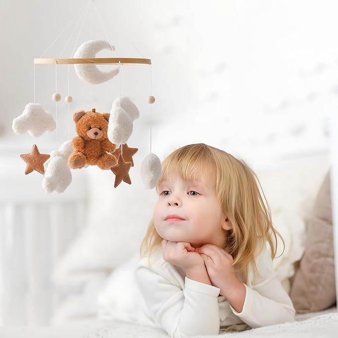 EERKEOD Baby Crib Mobile Bear Nursery Mobile for Boys Girls Teddy Velvet Mobile Nursery Decor for Infant Bedroom Hanging Baby Mobile for Bassinet Newborn Baby Gift（Brown Bear）