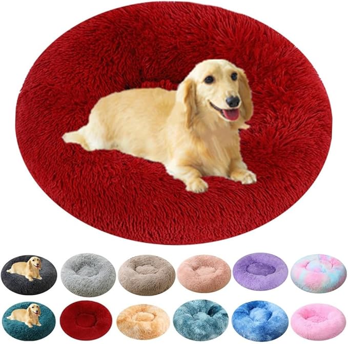 Calming Donut Dog & Cat Bed, 36 Inch Round Fluffy Dog Beds for Small Medium Large Dogs and Cats Anti-Anxiety, Puppy Bed, Washable Round Cozy Soft Pet Bed (Red)