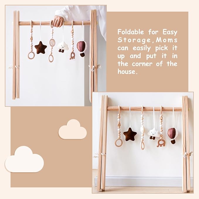 Wooden Baby Play Gym with Mat, Foldable Baby Play Gym Frame Activity Gym Hanging Bar with 6 Gym Baby Toys Rainbow Playmats for Newborn Baby (Natural)