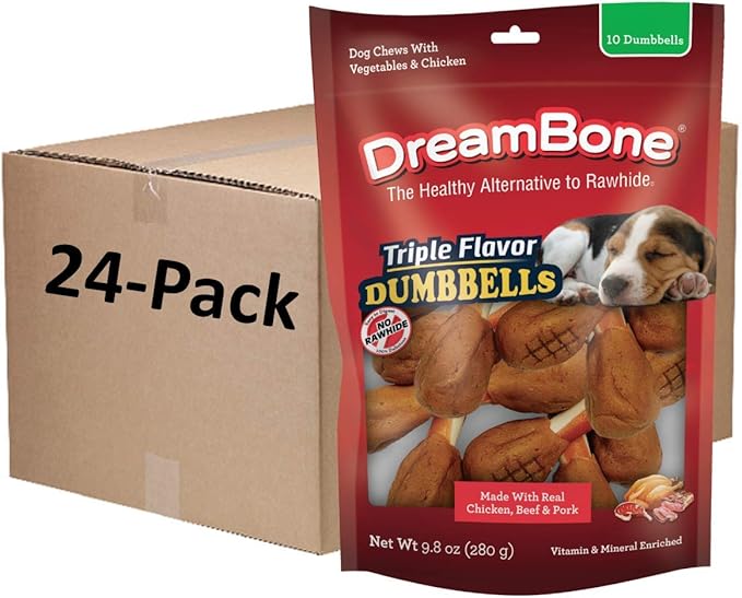 Dreambone Triple Flavor Dumbbells with Chicken 10 Count, Rawhide-Free Chews for Dogs (Pack of 24)