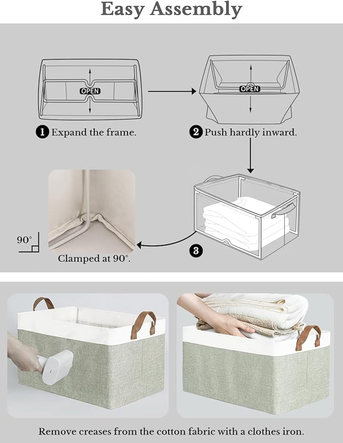 StorageWorks Storage Bins, Fabric Storage Bins for Shelves, Extra Large Storage Baskets with Metal Frame, Closet Baskets and Bins with Handles, Jumbo, Green and White, 2-Pack