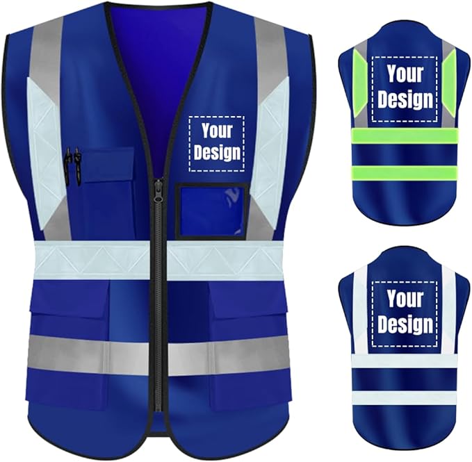 YOWESHOP High Visibility Safety Vest Custom Your Logo Protective Workwear 5 Pockets With Reflective Strips Outdoor Work Vest (2XL, Navy Blue Luminous)