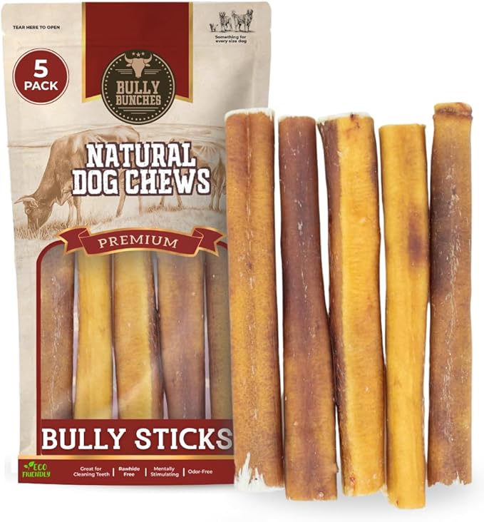 Bully Bunches Premium 6 Inch Thick Odour-Free Bully Sticks for Small & Medium Dogs - Consistently Sized, Long Lasting Chews for Oral Care - All Natural & Single Ingredient, 100% Beef Dog Treat (5 Pk)