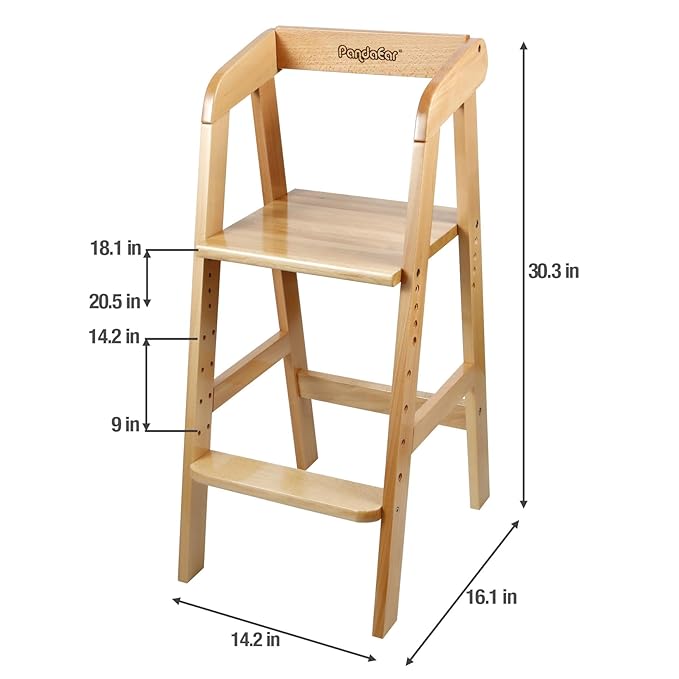 PandaEar Wooden High Chair for Toddlers, Adjustable Child Highchair Feeding Chair with Removable Cushion & Steps for Kids Dining, Eating, Studyin (Natural)