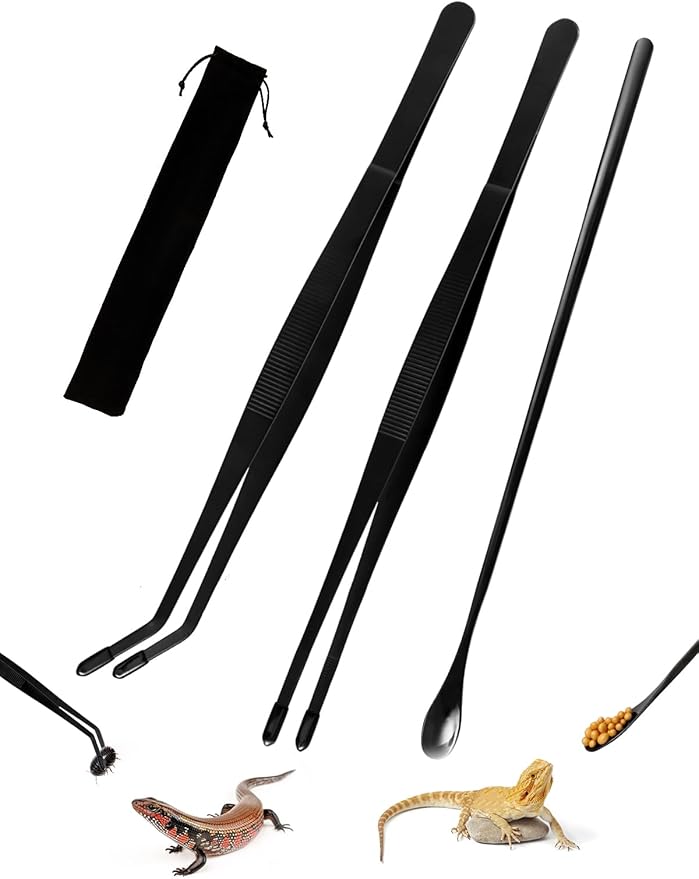 3PCS Reptile Feeding Tongs with Rubber Tips, 11.8-inch Stainless Steel Reptile Tongs and Spoon Long Feeding Tweezers for Turtles, Bearded Dragons, Geckos, Tree Frog, Tank Accessories