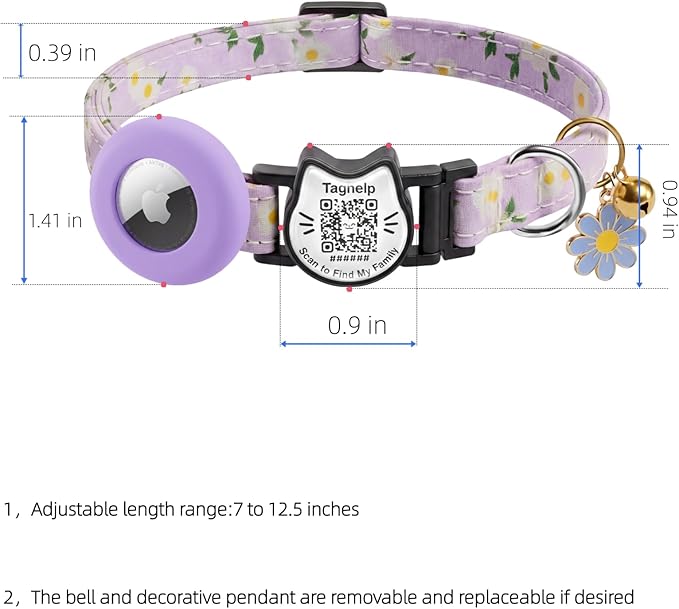 Smart Breakaway Cat Collar with QR Code Pet ID, Built-in AirTag Holder, Adjustable Cotton Cat Collar with Bell for Kittens and Adult Cats ，Pastoral Style with airtag Holder(Purple)