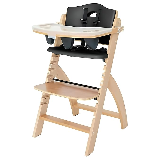 Abiie Beyond Junior Wooden High Chair with Tray - Adjustable and Convertible High Chair for Babies and Toddlers - 6 Months to 250 Lb - Water Resistant - Natural Wood/Black Pearl Cushion