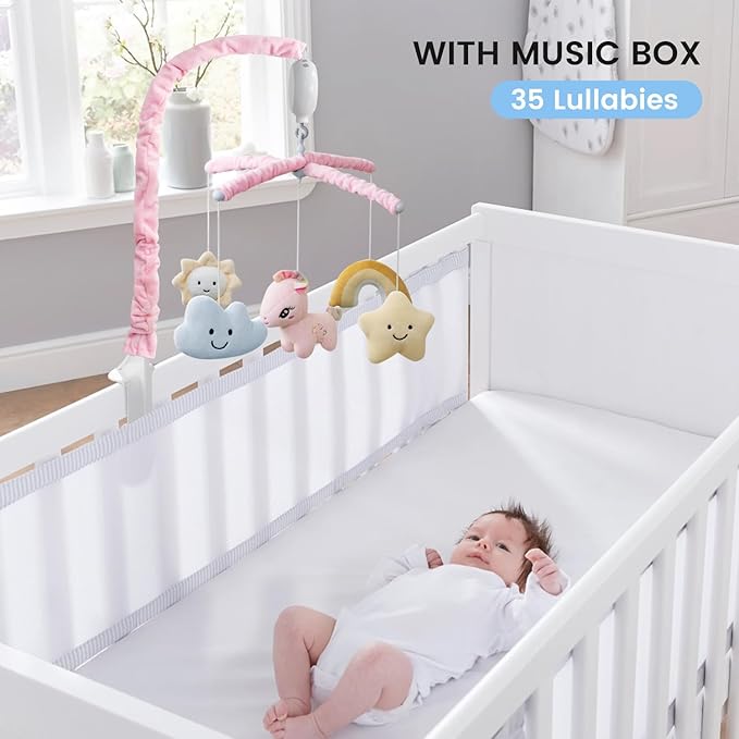 Feisike Crib Mobile for Girls - Baby Mobile for Crib with 35 Lullabies, 3 Modes Digital Musical Box（Turn Only, Music Only, Turn & Music, Pink, Nursery Toys, Nursery Decor, Knob Type