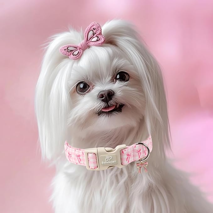 Girl Dog Collar for Medium Dogs - Cute Pink Plaid & Bow Print Spring/Summer Puppy Collar, Soft Adjustable Holiday Female Dog Collars with Quick Release Buckle M