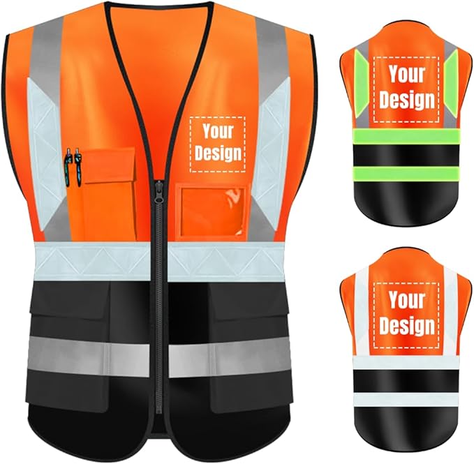 YOWESHOP High Visibility Safety Vest Custom Your Logo Protective Workwear 5 Pockets With Reflective Strips Outdoor Work Vest (3XL, Orange Black Luminous)