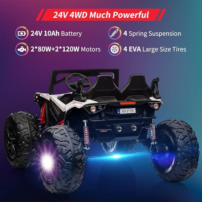 2 Seaters 24V Ride on UTV with Remote Control,10AH Battery, 400W Powerful Motors with 17" EVA Wheels, 20.5“ Seat Width Electric Ride Toy with Metal Suspension,LED Lights,Music,Horn (White)