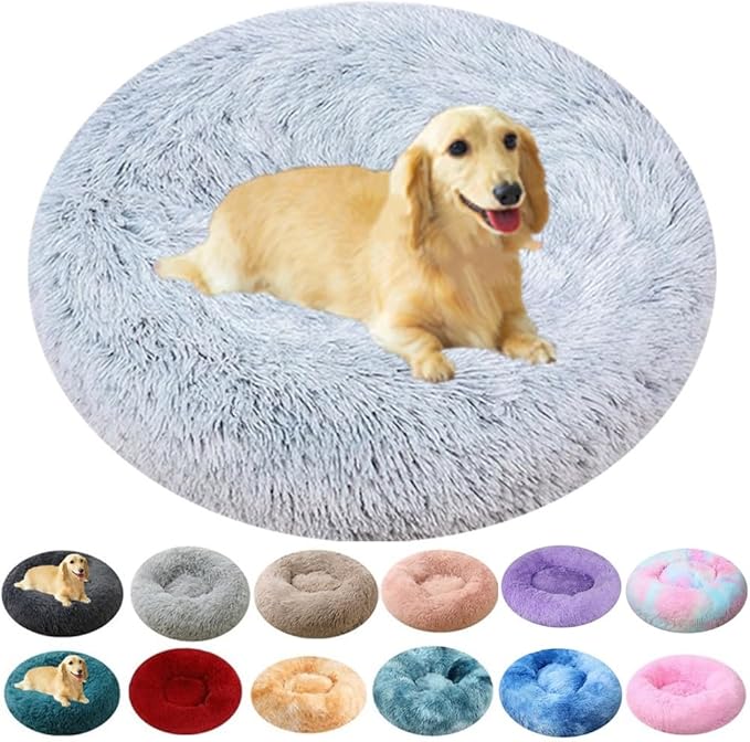 Dog Bed & Cat Bed for Small Medium Dogs, 27 Inch Calming Dogs Bed Anti-Anxiety Machine Washable Fluffy Luxury Anti-Slip Waterproof Pet Puppy Round Bed (Grey White)