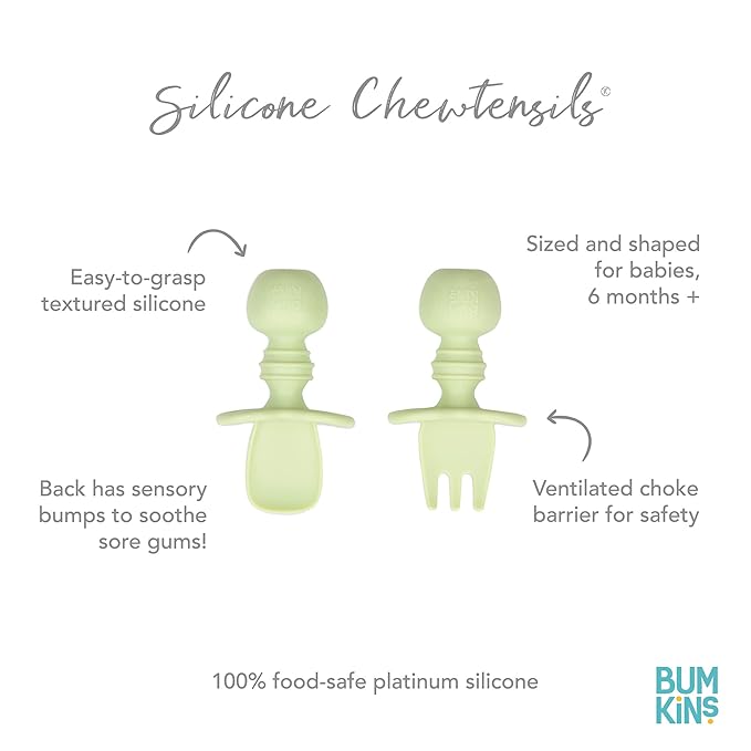 Bumkins Baby Utensils Set, Chewtensils Silicone Spoons for Dipping, Self-Feeding, Baby Led Weaning, Trainer Learning, First Stage Eating, Soft Practice Fork and Spoon, Babies 6 Months, Sage Green