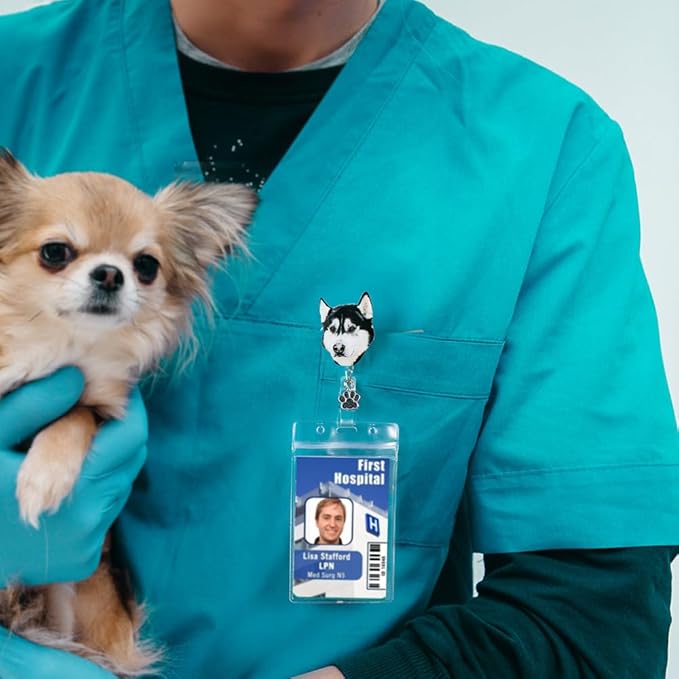 callie Personalized Pet Portrait Badge Reel - Custom Dog Cat Photo, Cute Badge Holder Retractable with Alligator Clip & Paw Charm, Gifts for Dog Lover Nurse RN CNA Doctor（2 Pets）
