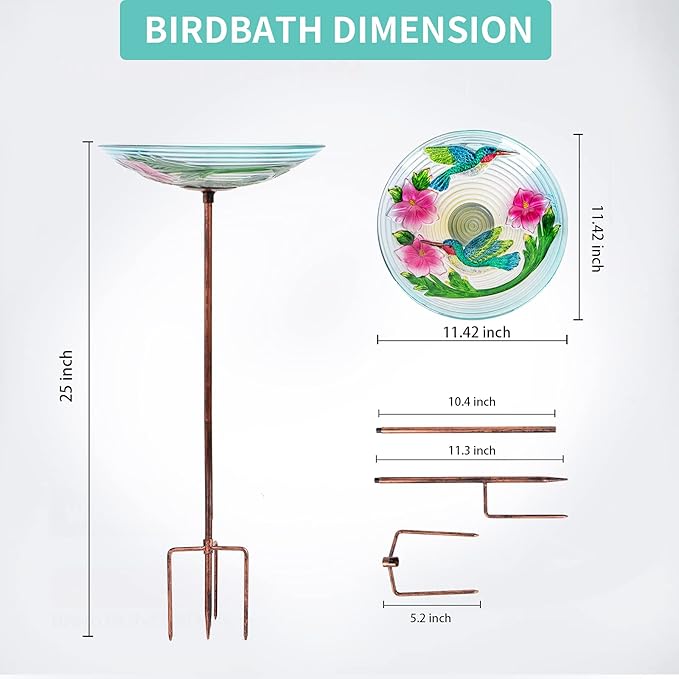 MUMTOP Glass Bird Bath, Garden Outdoor Birdbaths Birdfeeder with Metal Stake Hummingbird