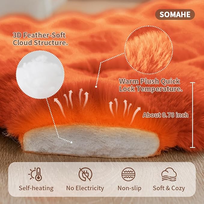 Self-Warming Cat Bed, Plush Faux Fur Pet Bed Mat with Anti-Slip Bottom, Ultra Soft Heated Bed for Cats & Medium Dogs, Cozy Fluffy Pad for Couch & Crate, Machine Washable, 27x20 Inch Orange