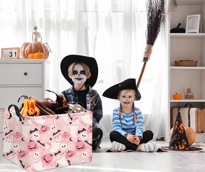 HIYAGON Rectangular Halloween Basket for Boys and Girls Kids Trick or Treat Pumpkin Basket for Halloween Parties Cute Storage Bin Organizer Box Room Decor(Pink ghost pumpkin)