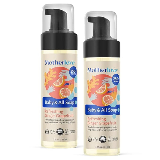 Motherlove Baby & All Soap (2 pack, 7.1 oz) Gentle Foaming All-Purpose Castile Soap Made with Organic Ingredients – Refreshing Ginger Grapefruit