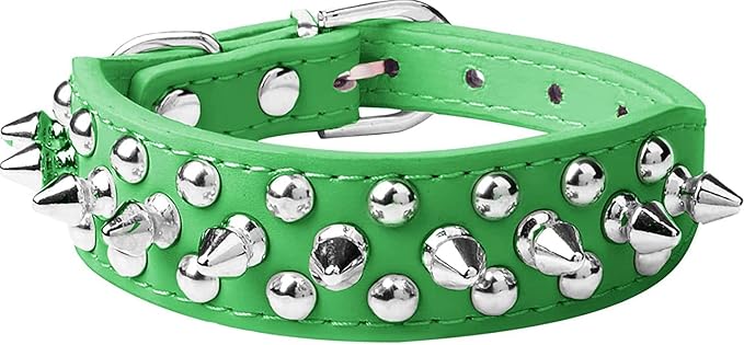 Spiked Dog Collar Soft Pu Leather Mushrooms Rivet Spike Studded Puppy Adjustable Pet Collars for Small Breeds (L, Green)