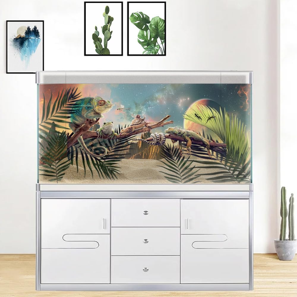 Cosmic Aquarium Background,Cool Galaxy Parallel Space Themed Fish Tank Background, Tropical Desert Terrarium Background 36X24IN with 8 EVA Double-Sided Tape
