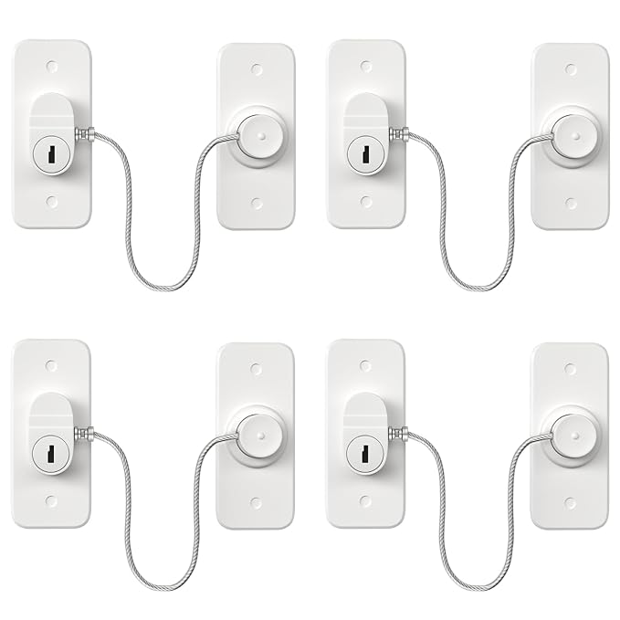 Refrigerator Lock AOSITE 4 Pack Mini Fridge Locks for Kids No Drill Cabinet Lock with Keys Cupboard Lock Child Safety Locks for Cabinets Drawer Locks with Keys Freezer Lock White