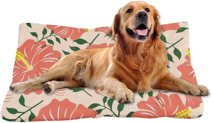 Coral Hibiscus Dog Bed Furniture Dogs Mat Dog Crate Pad Washable Crate Cushion Washable Non-Slip Medium Bed Pet Beds for Dogs Pet Mat Products for Indoor Outdoor 24X18 Inch