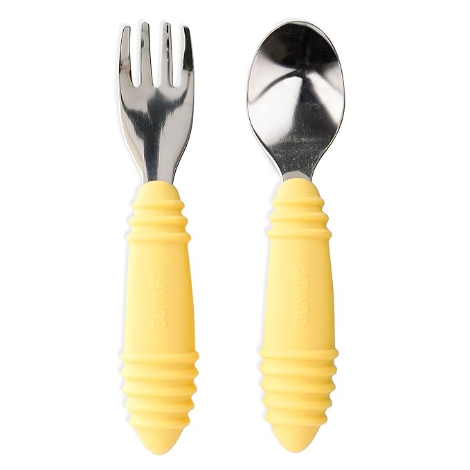 Bumkins Toddler Utensils, Kids Size Fork and Spoon Set, Silicone and Stainless-Steel Training Silverware, Angled Fork / Spork for Self-Feeding, Children Learning to Eat, 18 Mos Up, Pineapple Yellow